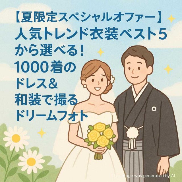 【夏限定スペシャルオファー】人気トレンド衣装ベスト5から選べる！1000着のドレス＆和装で撮るドリームフォト