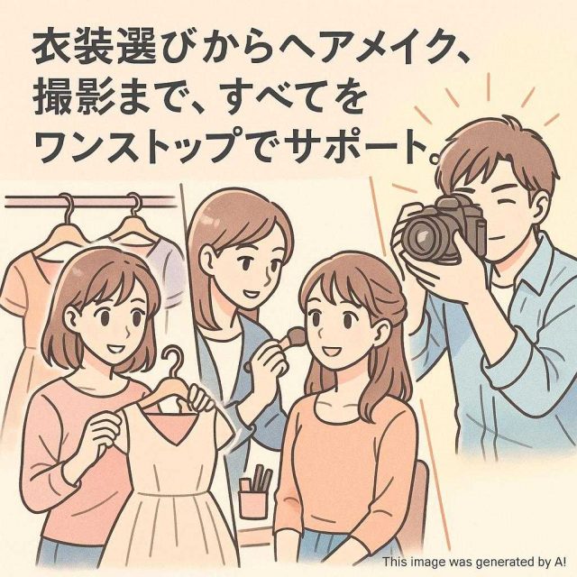 衣装選びからヘアメイク、撮影まで、すべてをワンストップでサポート。