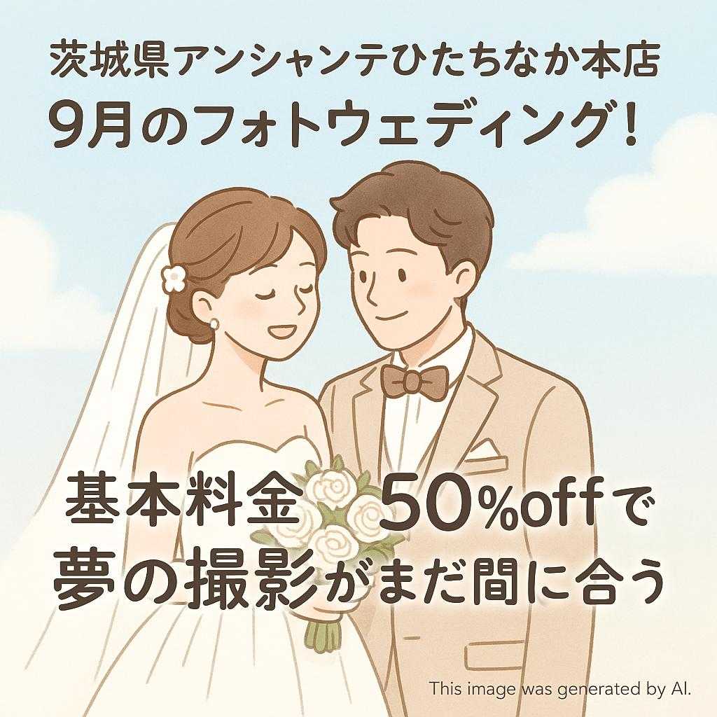 茨城県アンシャンテひたちなか本店 9月のフォトウェディング！基本料金50％offで夢の撮影がまだ間に合う
