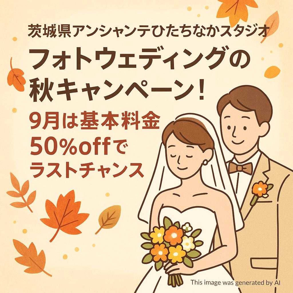 茨城県アンシャンテひたちなかスタジオ フォトウェディングの秋キャンペーン！9月は基本料金50％offでラストチャンス
