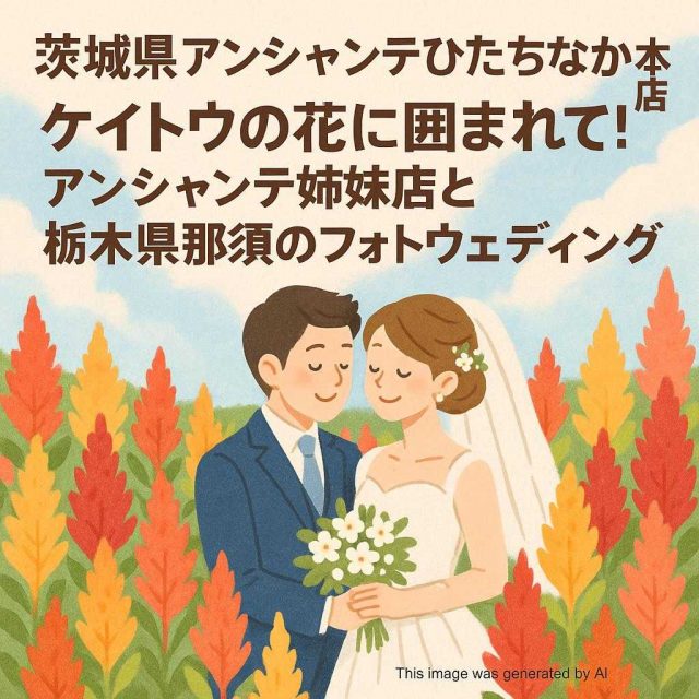 茨城県アンシャンテひたちなか本店 ケイトウの花に囲まれて！アンシャンテ姉妹店と栃木県那須のフォトウェディング