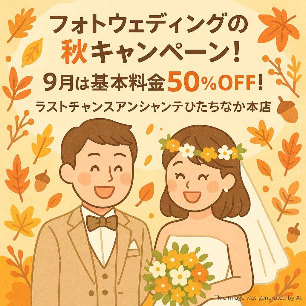フォトウェディングの秋キャンペーン！9月は基本料金50％offでラストチャンスアンシャンテひたちなか本店
