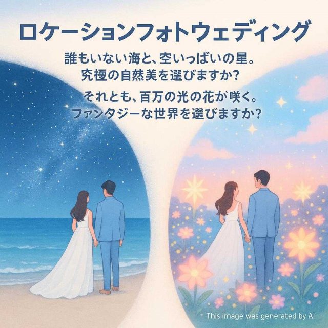 ロケーションフォトウェディング 誰もいない海と、空いっぱいの星。究極の自然美を選びますか？ それとも、百万の光の花が咲く。ファンタジーな世界を選びますか？