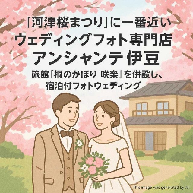 「河津桜まつり」に一番近い ウェディングフォト専門店 アンシャンテ伊豆 旅館「桐のかほり 咲楽」を併設し、宿泊付フォトウェディング