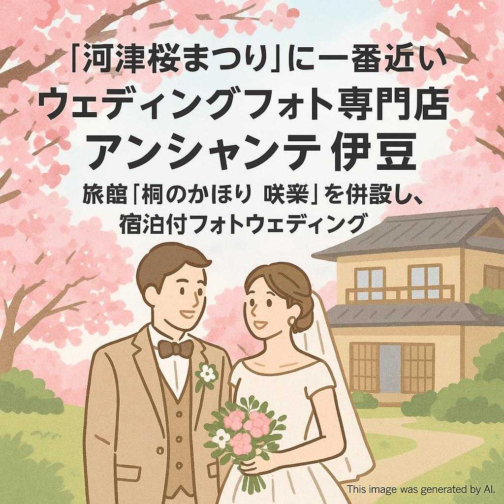 「河津桜まつり」に一番近い ウェディングフォト専門店 アンシャンテ伊豆 旅館「桐のかほり 咲楽」を併設し、宿泊付フォトウェディング