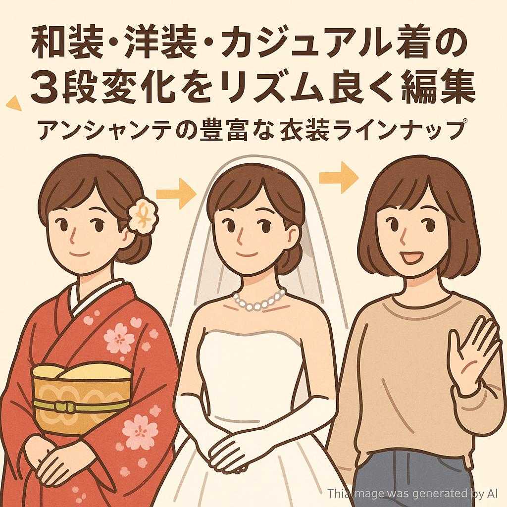 和装・洋装・カジュアル着の3段変化をリズム良く編集。アンシャンテの豊富な衣装ラインナップ
