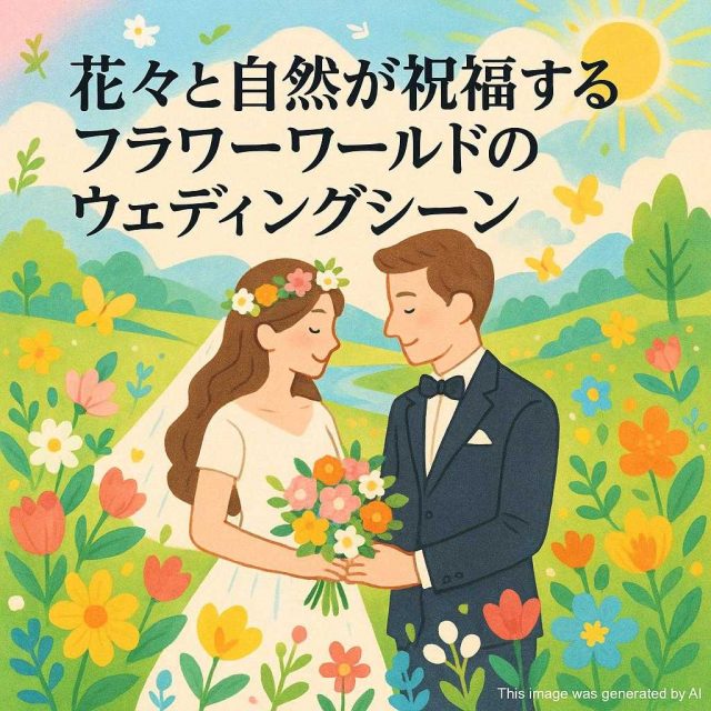 花々と自然が祝福するフラワーワールドのウェディングシーン