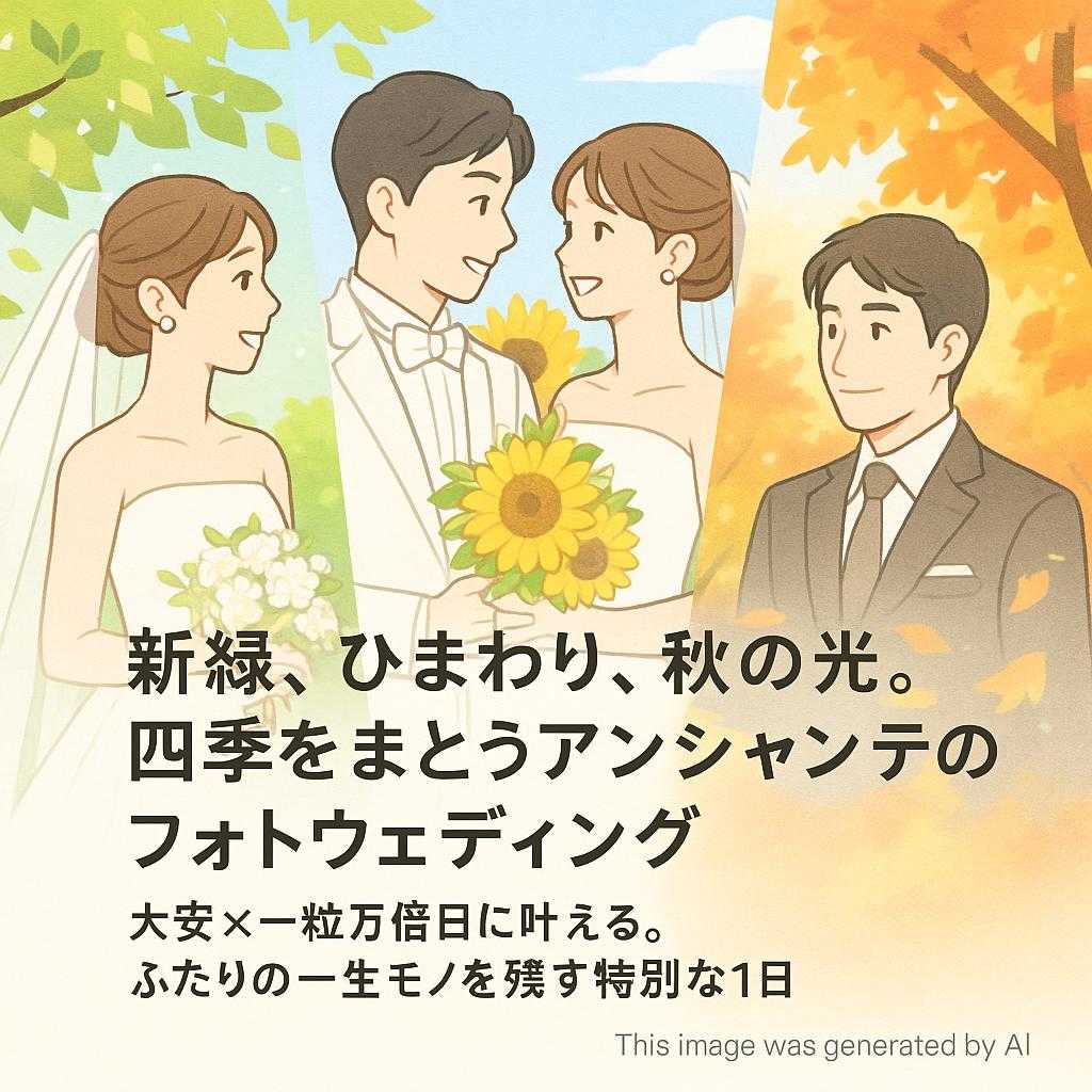 「新緑、ひまわり、秋の光。四季をまとうアンシャンテのフォトウェディング」  「大安×一粒万倍日に叶える。ふたりの一生モノを残す特別な1日」