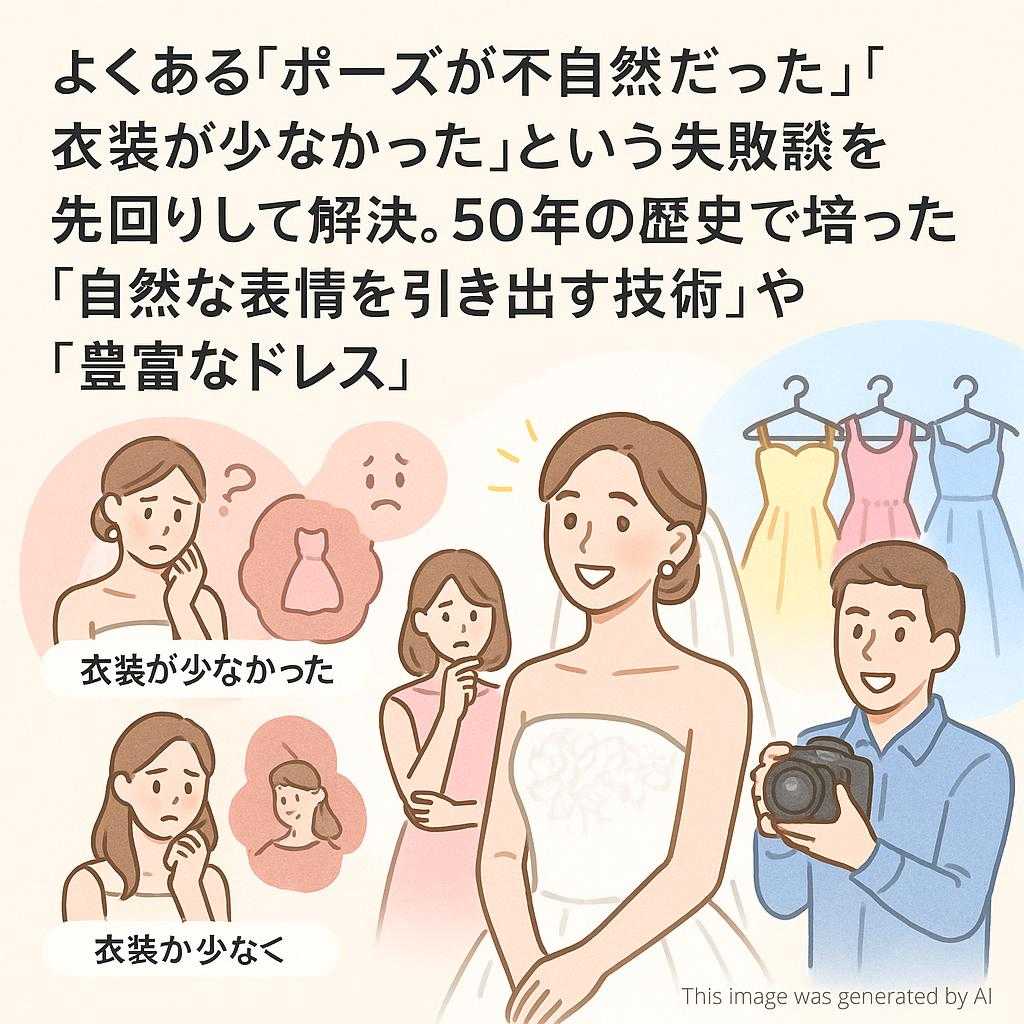 よくある「ポーズが不自然だった」「衣装が少なかった」という失敗談を先回りして解決。50年の歴史で培った「自然な表情を引き出す技術」や「豊富なドレス」