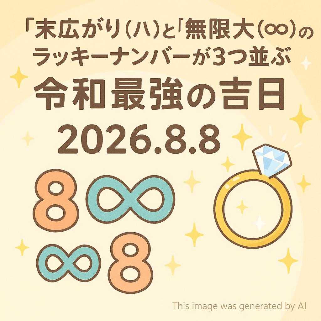 「末広がり（八）」と「無限大（∞）」のラッキーナンバーが3つ並ぶ、令和最強の吉日【2026.8.8】💍✨