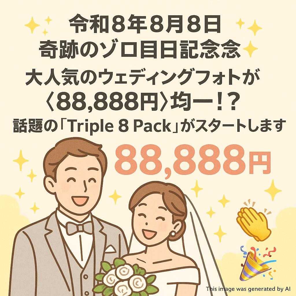 ✨【令和8年8月8日】奇跡のゾロ目日記念✨ 大人気のウェディングフォトが《88,888円》均一！？ 話題の『Triple 8 Pack』がスタートします👏🎉
