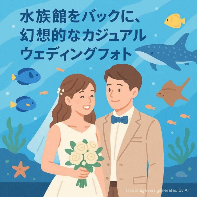 水族館をバックに、幻想的なカジュアルウェディングフォト