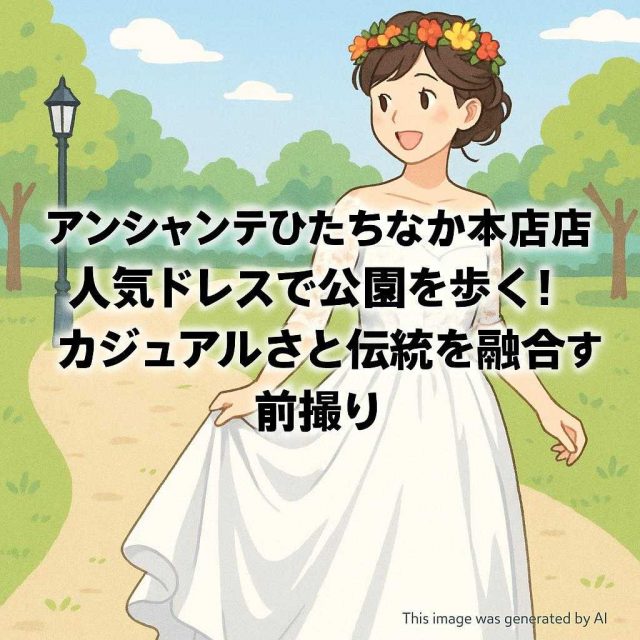 アンシャンテひたちなか本店人気ドレスで公園を歩く！カジュアルさと伝統を融合する前撮り