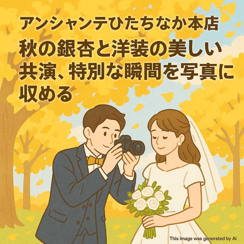 アンシャンテひたちなか本店 秋の銀杏と洋装の美しい共演、特別な瞬間を写真に収める